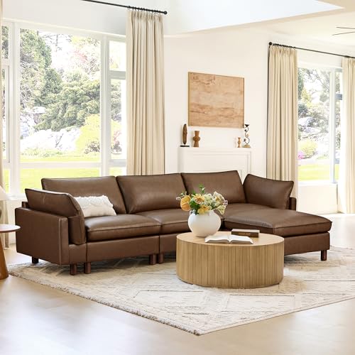 Image of CHITA 127 inch Leather Super Large Sectional Couches for Living Room, Modular Sectional Sofa, Premium Genuine Leather Sofa, Down Filled, High Density Foam, Real Leather in Coffee Brown, 4 Seat L Shaped