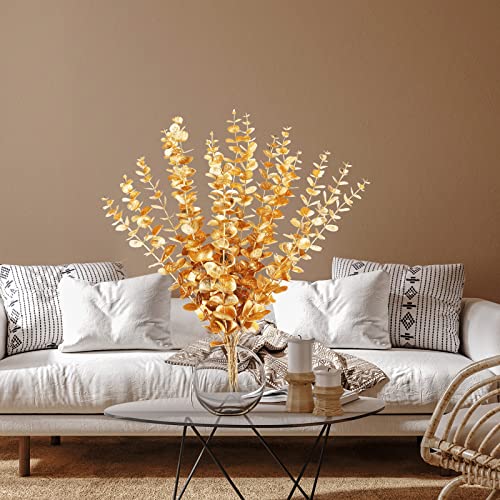 12 Pieces Gold Artificial Eucalyptus Stems Faux Eucalyptus Spray Fake Leaves Decor Fall Faux Floral Arrangement Artificial Eucalyptus Flower For Wedding Party Bouquet Home Farmhouse Vase Diy Craft #TOP5