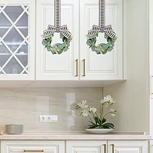 Syhood 2 Pieces 9 Mini Eucalyptus Wreath Artificial Spring Summer Greenery Wreath for Front Door Farmhouse Kitchen Cabinet with Ribbon for Porch Wall Window DecorPlaid Bow Style