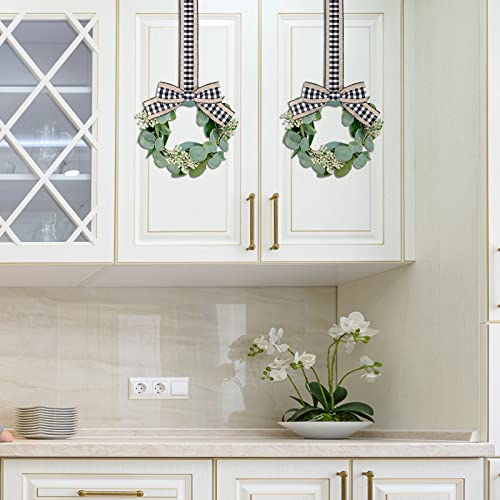 Syhood 2 Pieces 9" Mini Eucalyptus Wreath Artificial Spring Summer Greenery Wreath for Front Door Farmhouse Kitchen Cabinet with Ribbon for Porch Wall Window Decor(Plaid Bow Style) by Syhood - Image 4