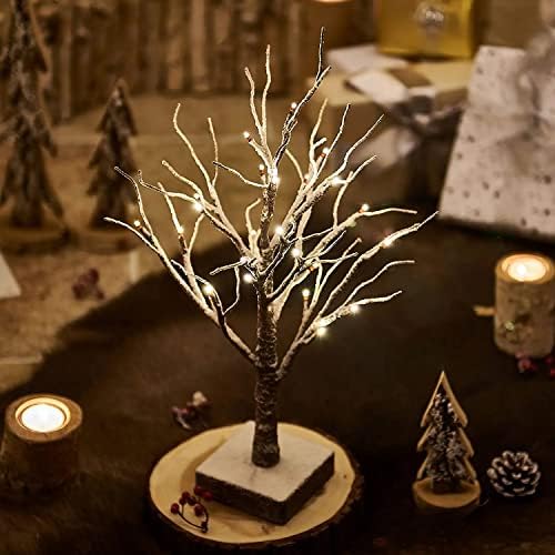 LED Birch Tree Lights Indoor, 60cm Christmas Tree Lights with Faux Snow Desktop Artificial Tree Light for Christmas Decoration Warm White Decorative Tree Light Battery Operated