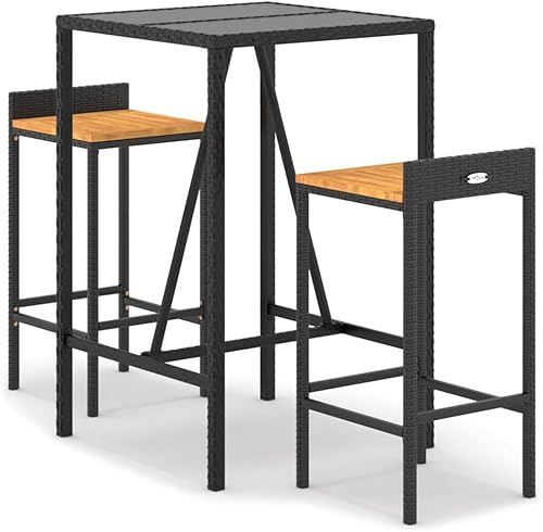 Miniatura 2 de 3-Piece Outdoor Bar Set Black Poly Rattan & Acacia Wood Patio Furniture Set with Tempered Glass Tabletop for Garden Balcony Porch Black/3