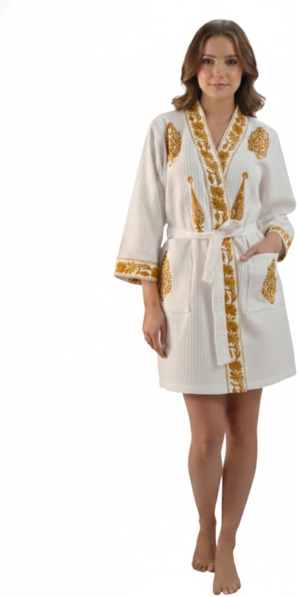 - Hand Block Print Cotton Waffle Fabric Short Bathrobe For Women's Ultra-Soft & Lightweight After Bath Spa Bathrobe Dress Women Bath Robe Dress | Highly Absorbent Mustard Yellow Printed