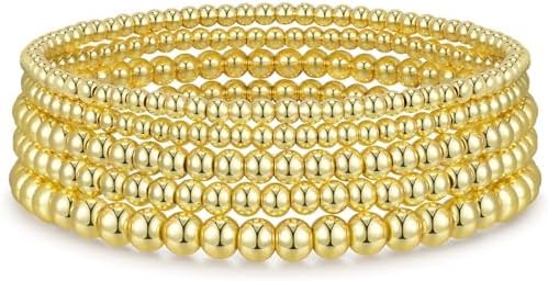 Gold Bracelets for Women Gold Bracelet Stack Pearl Beaded Bracelets for Women 14K Gold Plated Stretch Bead Ball Bracelet Sets Jewelry for Mother's Day Birthday Gifts