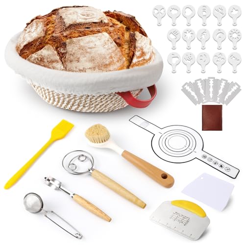 10pcs Sourdough Starter Kit, Bread Making Supplies Tools,10.24 Round Banneton Proofing Basket,Bread Lame, Dough Scraper, Cloth Liner, Dough Whisk, Silicone Basting Brush