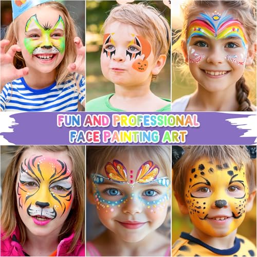 Dynozim Face Painting Kit for Kids with Stencils, 42 Colors Non Toxic Face Paint with 16 Face Paint Crayons, 6 Reusable Face Painting Stencils, 40 Sticky Stencils for Kids Party and Halloween