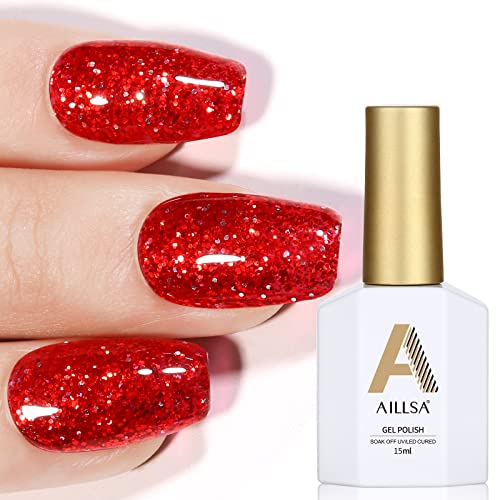 AILLSA Gel Nail Polish 15ml Red Gel Polish Glitter Long Lasting Christmas Nails Red glitter Gel Polish Quick Dry Soak Off UV Gel Nail Polish French Manicure Nail Art 1Pcs