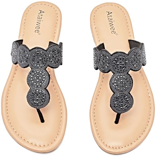 Image of Ataiwee Women's Bohemian Bling Flat Slide Sandals - Casual Summer Thong Sandals with Rhinestone Decor, Rubber Sole, Lightweight & Comfortable for Casual Attire Strappy Sandals.