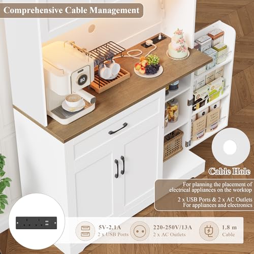 FirFurd Kitchen Cupboard Tall Kitchen Cabinets with LED & Power Outlet Sideboard Storage Cabinet with Spice Rack, Countertop and Drawer Dining Room Furniture180.5x100.2x38.6cm White+Brown - Image 5