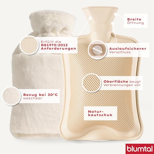 Blumtal Premium Wärmflasche mit Bezug & Tasche flauschig - Wärmeflasche aus verwendungssicherem Naturkautschuk mit Flauschbezug - auslaufsichere Bettflasche + Innenfutter - wärmende Bettflasche Creme