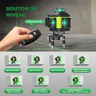 Niveau Laser Chantier Autonivelant 360° x 4, Lazer Niveaux 4D 16 Lignes Laser, Autonivellement et Mode Pulsé Extérieur, 2 x Batterie, Nivellement Automatique, Support Rotatif, Télécommande, Trépied