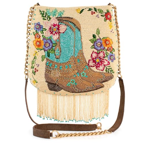 Mary Frances Line Dance Beaded Crossbody Handbag Western Boot Motif Purse with Fringe and Phone Compartment, Multicolor