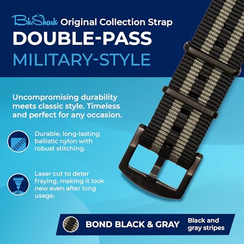 Image of BluShark - Original Collection Military-Style Waterproof Watch Strap, Fits All Timepiece Brands, Durable Nylon Wristwatch Accessories with Stainless Steel Buckle - 18mm, 20mm, 22mm & 24mm Watch Bands
