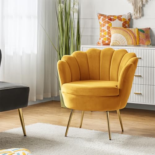 Image of HULALA HOME Velvet Accent Chair with Shell Shaped Back, Modern Cute Living Room Bedroom Armchair Sofa Chair with Gold Legs, Comfy Upholstered Vanity Chair for Makeup Room, Mustard