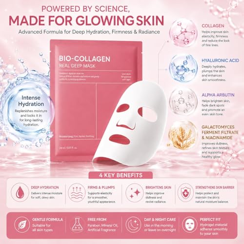 Image of (Pack of 1) Bio Collagen Sheet Mask Overnight Face Mask - Korean Hydrogel Collagen Face Mask Sheets with Hyaluronic Acid & Alpha Arbutin for Glowing Skin, Brightening, Hydration, Firming & Glass Skin Care & Elasticity Support