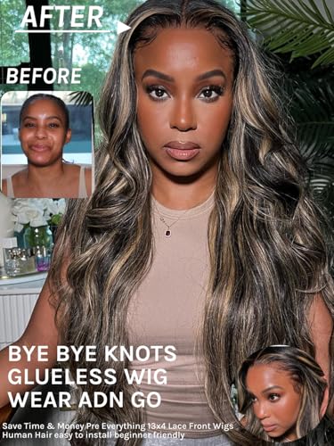 Image of KLAIYI Bye Bye Knots Glueless Wig Human Hair 13x4 Balayage Highlight 3D Body Wave Precut Lace Front Wig with Baby Hair Black Mix Blonde Brown Pre Plucked Pre Bleached Knots Wig 30S Easy to Wear 24Inch