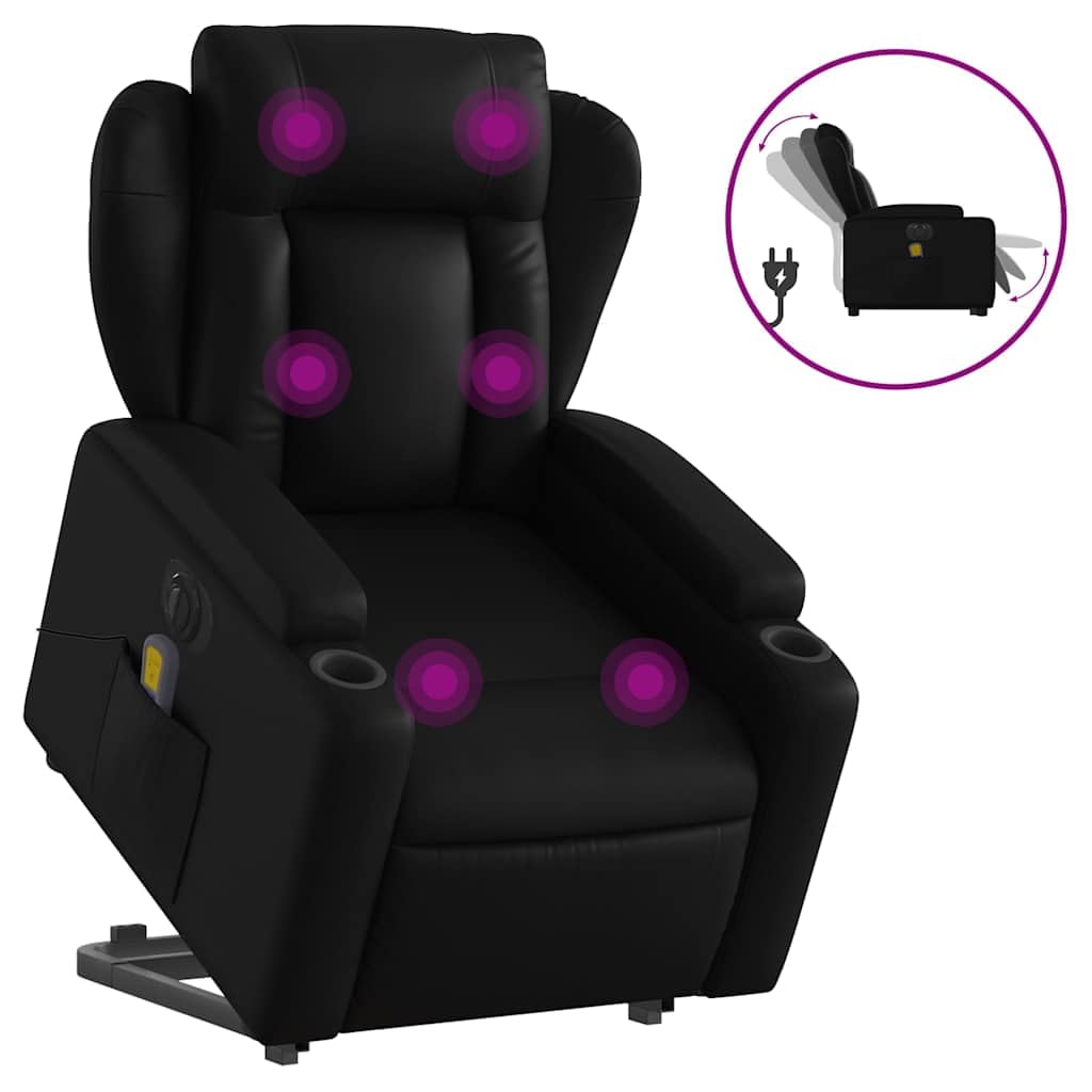 Sillón elevador eléctrico eléctrico negro de piel sintética con 6 puntos de vibración y función de reclinación automática, cómodo asiento y elevación eléctrica para adultos,
