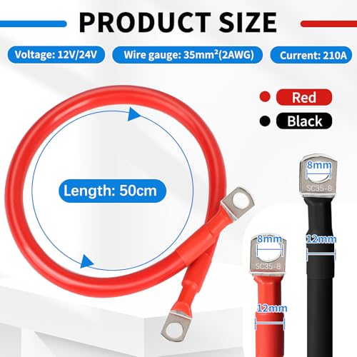 SWAWIS 2 Stück Batteriekabel M8 50cm, Batteriekabel 35mm2 Batterie Kabel 12V/24V Kupfer Ringklemmen Batteriekabel für Motorrad Solar Autobatterie Massekabel Auto Usw, Schwarz + Rot