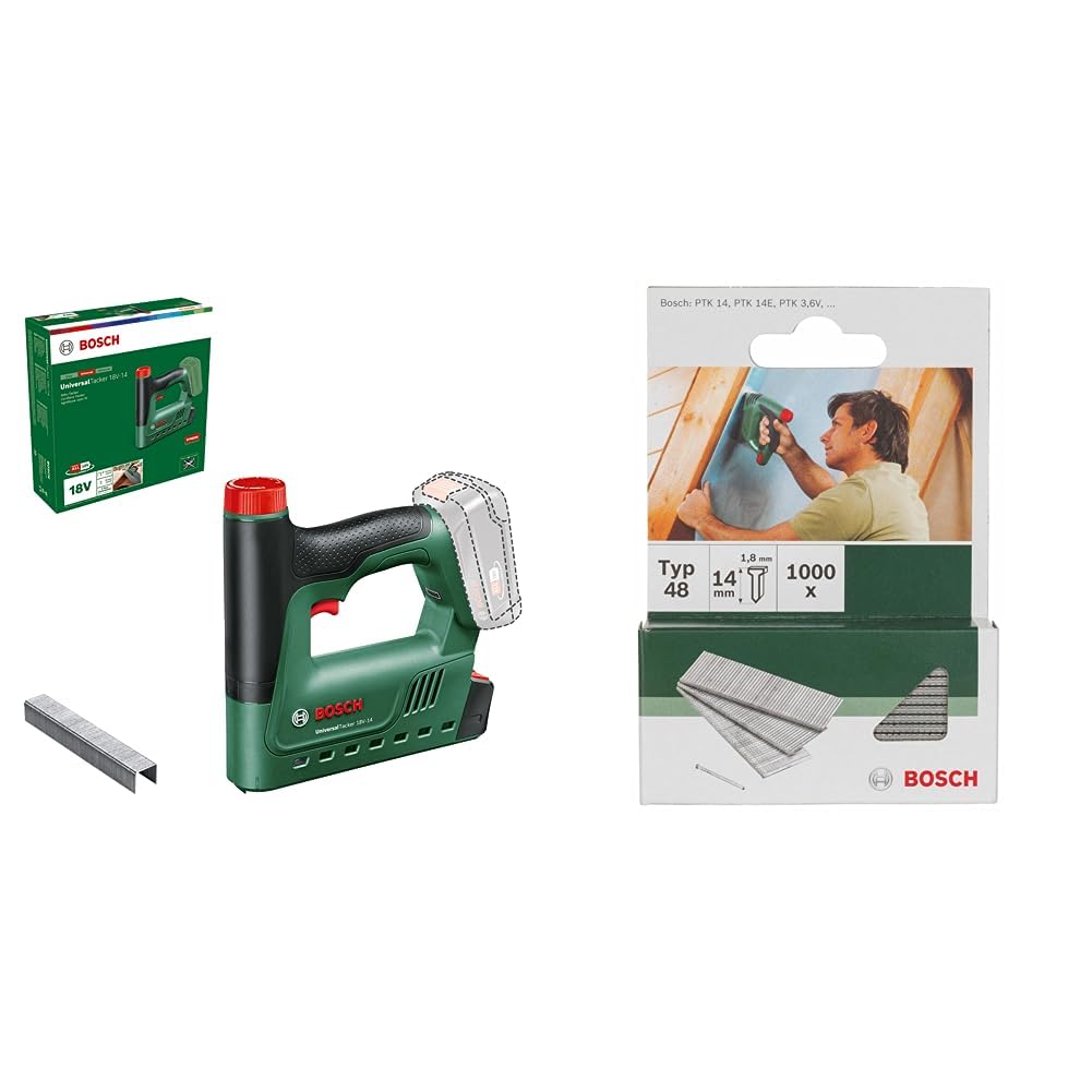 Bosch Akku-Tacker UniversalTacker 18V-14 (Tackern/heften in Weich-und Hartholz; für Klammern und Nägel; 18 Volt System; mit 1000 Feindrahtklammern; ohne Akku) + DIY Nägel Typ 48 1.8 x 1.45 x 14 mm