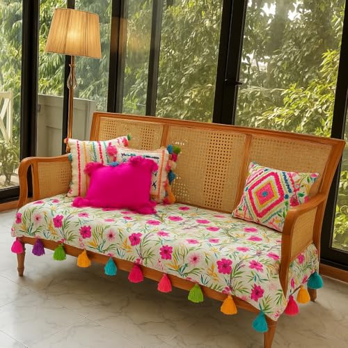 Image of Neutral Tropical Floral with Tassels Anti-Slip Sofa Covers- Heavy-Duty, Scratch-Resistant, 5 Seater Sofa Covers 3 seater and 1 and 1seater -Only Seat Protection -Set of 3 Covers- (3+1+1 Seater)