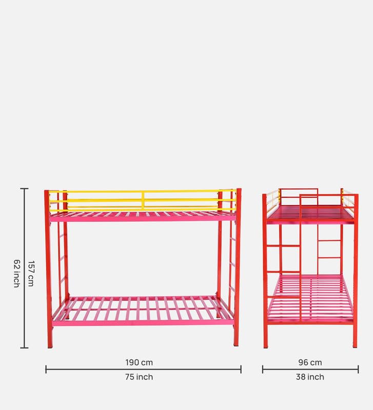 Image of Pilio Twin Over Twin Metal Bunk Beds for Kids | Bunker Bed for Adults | Double Decker Bed for Kids Room Furniture | Frame Only, Mattress not Included (Red - Yellow)