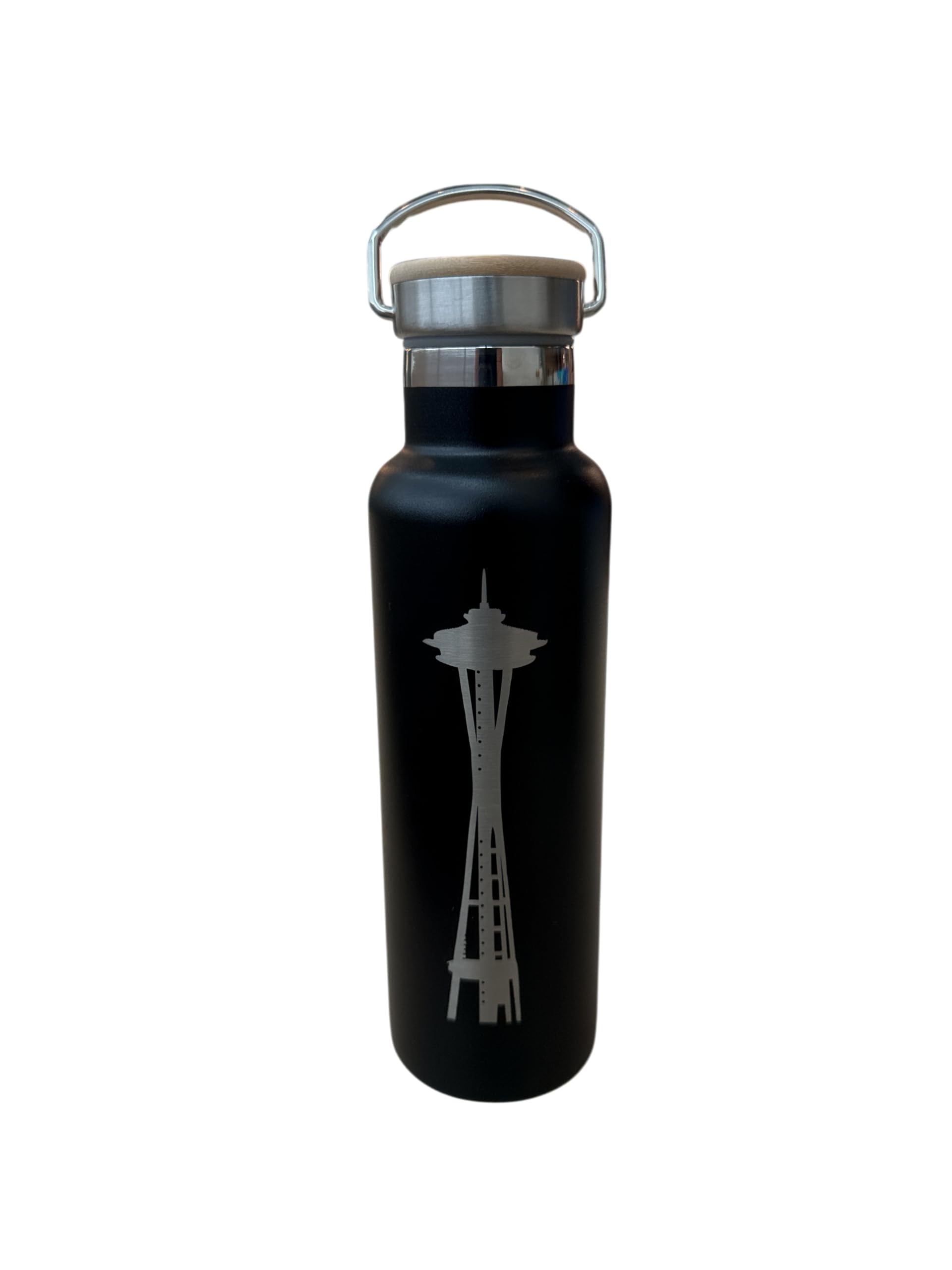 Stainless Steel Water Bottle with Seattle Space Needle Design, Black, Bamboo Lid, 20oz
