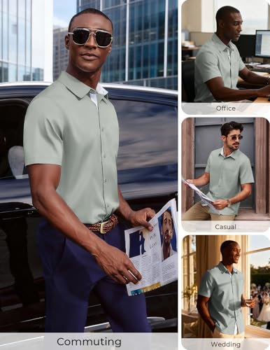 PJ PAUL JONES Mens Short Sleeve Casual Business Shirt Summer Button Down Dress Shirts with Pocket Green M — view 4