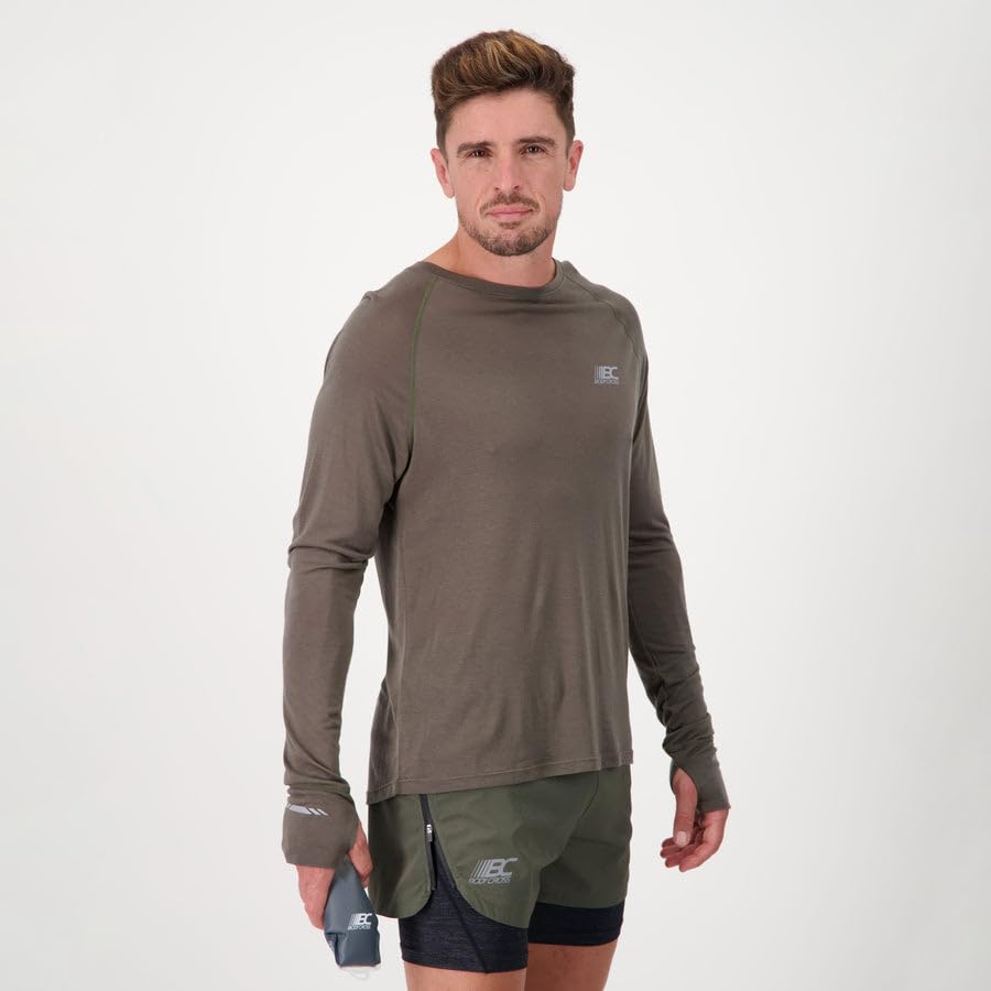 BODYCROSS męska wełniana koszulka do biegania Miky Khaki - Tencel - termoregulacja, lekkość, komfort, widoczność, przepustka kciuk