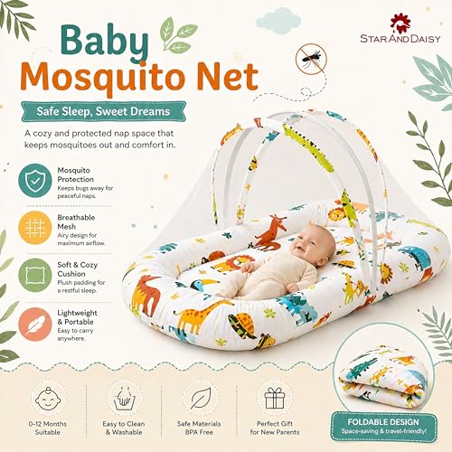 Image of StarAndDaisy 3 in 1 Baby Nest Mosquito net for Sleeping - Newborn, Mosquito net for Baby /Soft and Comfortable, Washable Cotton Design for 0-12 Months Baby (Lion Print)