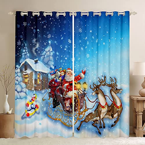 Loussiesd - Tende per finestra, motivo: Babbo Natale/alce, per bambini, ragazzi e ragazze, tende natalizie, colore: blu, decorazione per Natale, tende opache in microfibra, decorazione per camera da