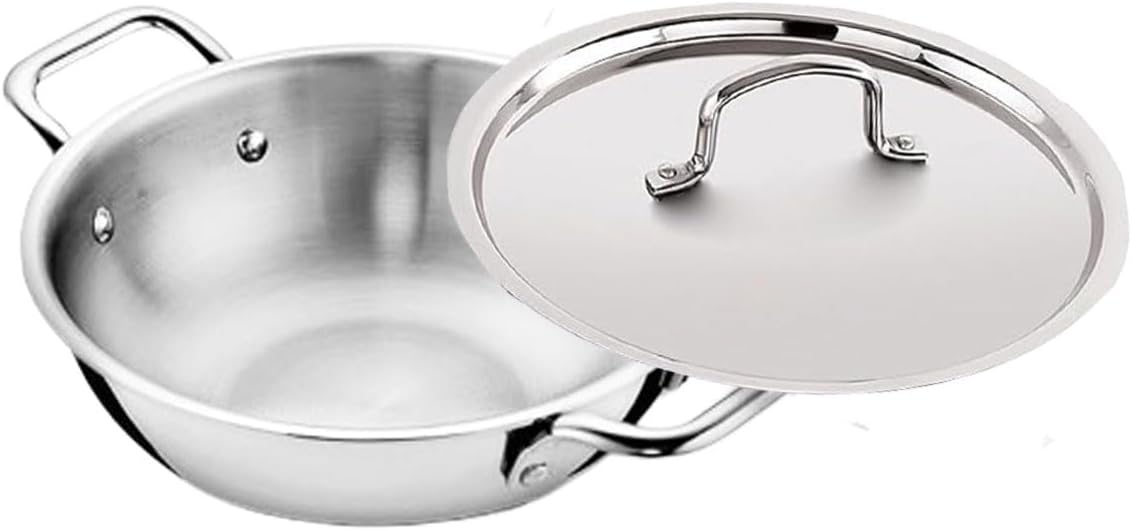 Satre Online and Marketing Stainless Steel Triply Kadhai With Steel Lid, Kadhai with Lid, Induction Base (Size No. 26)