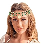 Catery Head Chain Jewelry Gold Coins Head Chain Green Crystal Hair Chain Flapper Rhinestone Dance...