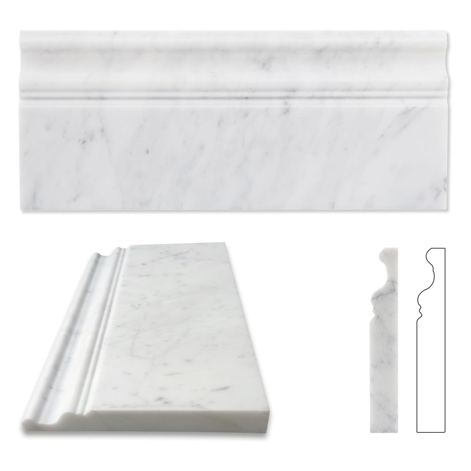 Diflart 4-Pack Carrara White Marble Baseboard Trim Molding, 5x12 Inch, Polish...