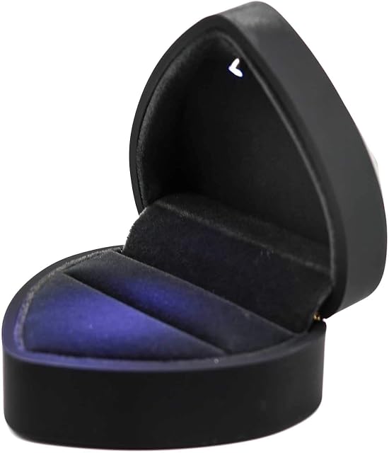 Ring Box, Heart Shape Velvet Wedding Ring Jewelry Box with LED Light for Proposal Engagement, Black