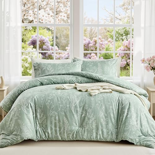 Tokokimo Juego de funda de edredón tamaño Super King de color verde salvia, juego de ropa de cama de flores, juego de edredón de 3 piezas con 2 fundas de almohada, microfibra suave, 260 x 220 cm,