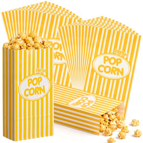 Image of Potchen 200 Pcs Paper Popcorn Bags Bulk 2 oz Large Individual Serving Popcorn Bag Flat Bottom Disposable Container Vintage for Movie Night Themed Summer Back to School Party Carnival (Yellow)
