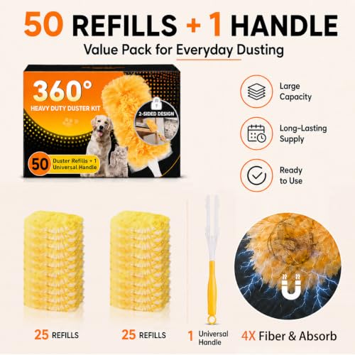 Image of Duster Refills for Swiffer Duster, 50 Count Heavy Duty 2 Side 360 Dusters Refill Kit with 1 Handle, 4X Microfibers, Disposable Multi-Surface Duster for Cleaning Furniture Blinds Ceiling Fan