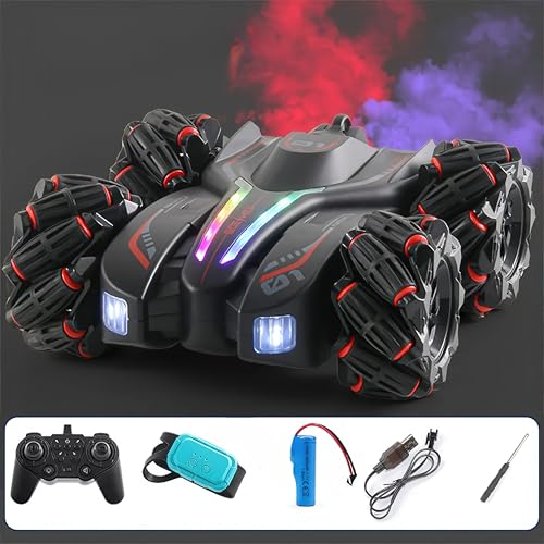 Image of Eli & Chi 4X4 Wheel Drive Double Sided RC Stunt Toy Car: Drift Toy for Kids & Adult Remote Control Racing 360 RGB Lights Off Road 2 Rechargeable Batteries High Speed Spray Gesture Watch,Black