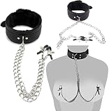 Black Nipple Clamps with Chain Necklace BDSM Nipple Toys Non-Piercing Adjustable Stainless Steel Faux Body Jewelry for Women,BDSM Bondage Nipple Clamps Collar Set Sex Toys Sweater B-0398