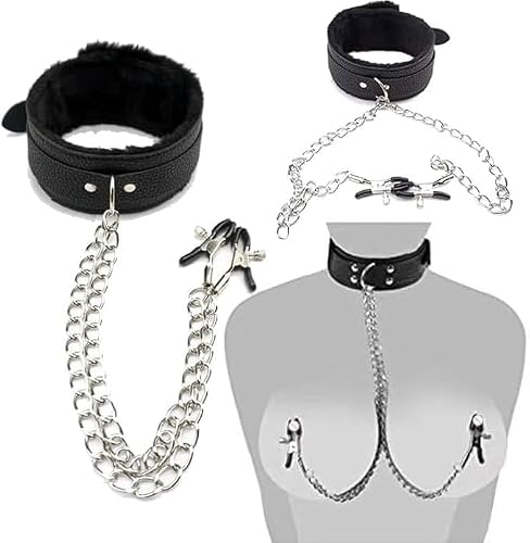 Black Metal Neck Collar & Nipple Clamps with Chain