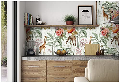 Haokhome 93243-3M Peel And Stick Floral Wallpaper Jungle Animal Removable White/Green/Pink Vinyl Self Adhesive Mural 17.7In X 9.8Ft thumb #4