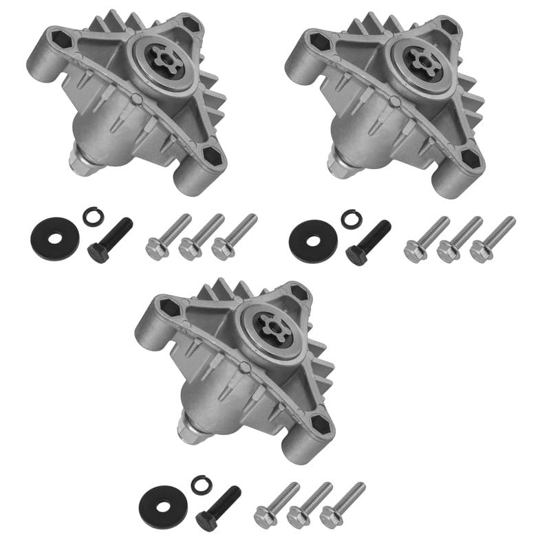 Three spindle assemblies from a top-down view