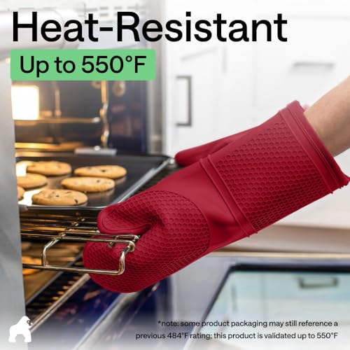 Image of Gorilla Grip Silicone Non Slip Oven Mitt Set, Soft Flexible Oven Gloves, Professional Heat Resistant Kitchen Cooking Mitts, Protect Hands from Hot Surfaces, Cookie Sheets, Red Pair, Set of 2