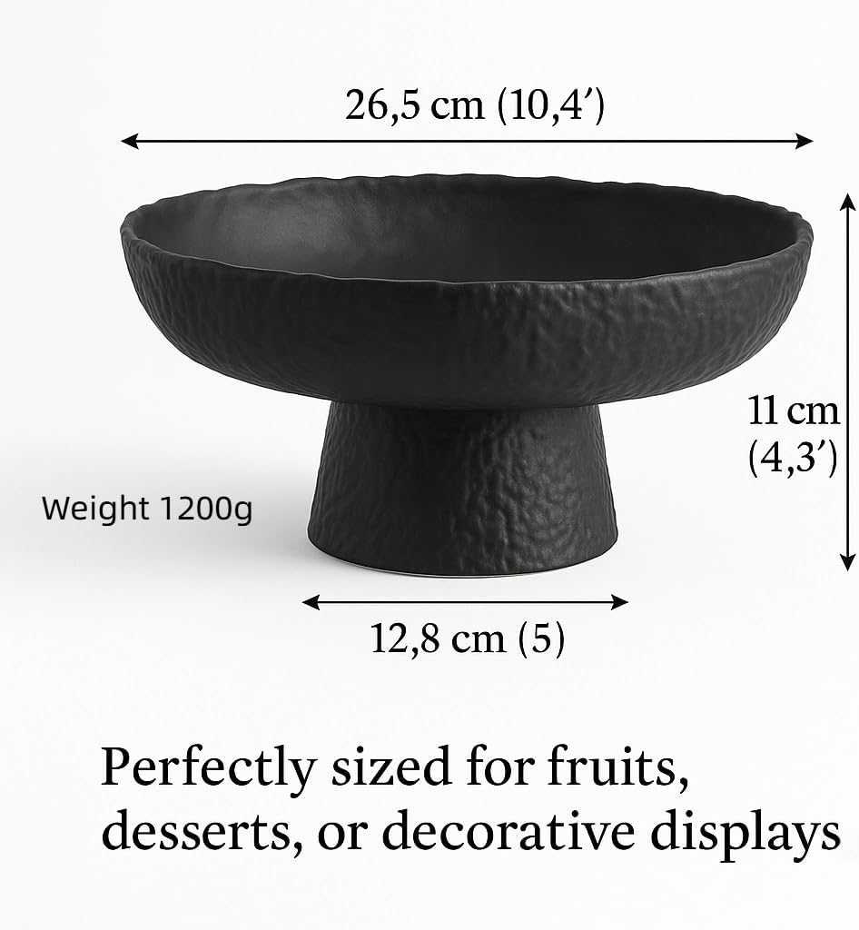 Fruit Bowl for kitchen decor Counter, 10.4‘’Large Decorative Bowl, Modern Display key bowls, High Foot Serving Blows with Irregular Edge Design, High-Temperature Fired Thickened Glass Bowl, Black