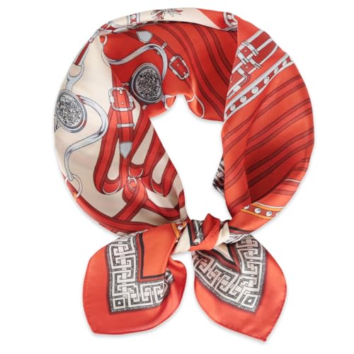 EXTREE Fashion Silky Satin Headscarf for Women Girls: Exquisite Pattern Lightweight Silk Graceful Scarfs 27.5 x 27.5 inches Chain Great Wall Red Rice