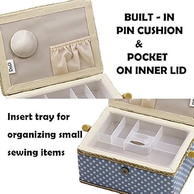 Sewing Box with Sewing Kit Accessories, D&D Wooden Sewing Basket Organizer with Accessories for Home, Travel, Blue Polka Dot