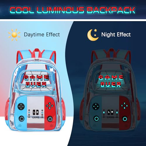 Clear Backpack for Boys, PVC Transparent Cool Luminous Gamer Backpack for Boys Girls Kids Children Teens Elementary Middle School, Clear Bookbag with Lunch Box & Pencil Case Set (Red Blue)2