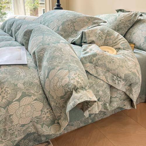 VM VOUGEMARKET Sage Green Duvet Cover Queen with Jacquard Flower Pattern Linen Cotton Yarn-Dyed Textured Duvet/Comfoter Cover Set,Moisture Wicking Retro Bedding Set for Adults