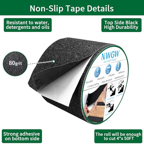 Image of Black Anti-Slip Stair Treads Tape,4 inch x50FT Heavy Duty PVC Non-Skid Grip Tape for Wooden Steps, Indoor /Outdoor Stairs, Pool Decks - Peel & Stick Waterproof Safety Traction