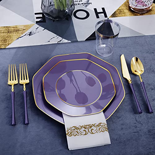 KIRE 20 Guests Purple Plastic Plates with Gold Rim& Gold Disposable